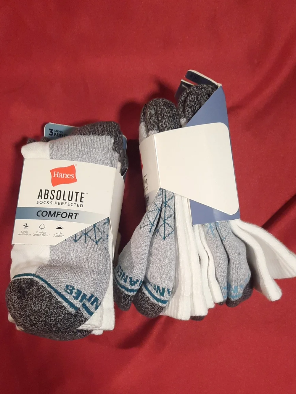 Hanes 2 Packs Of Mid Crew Athletic Socks with Blue & Green Accents - 6 Pair